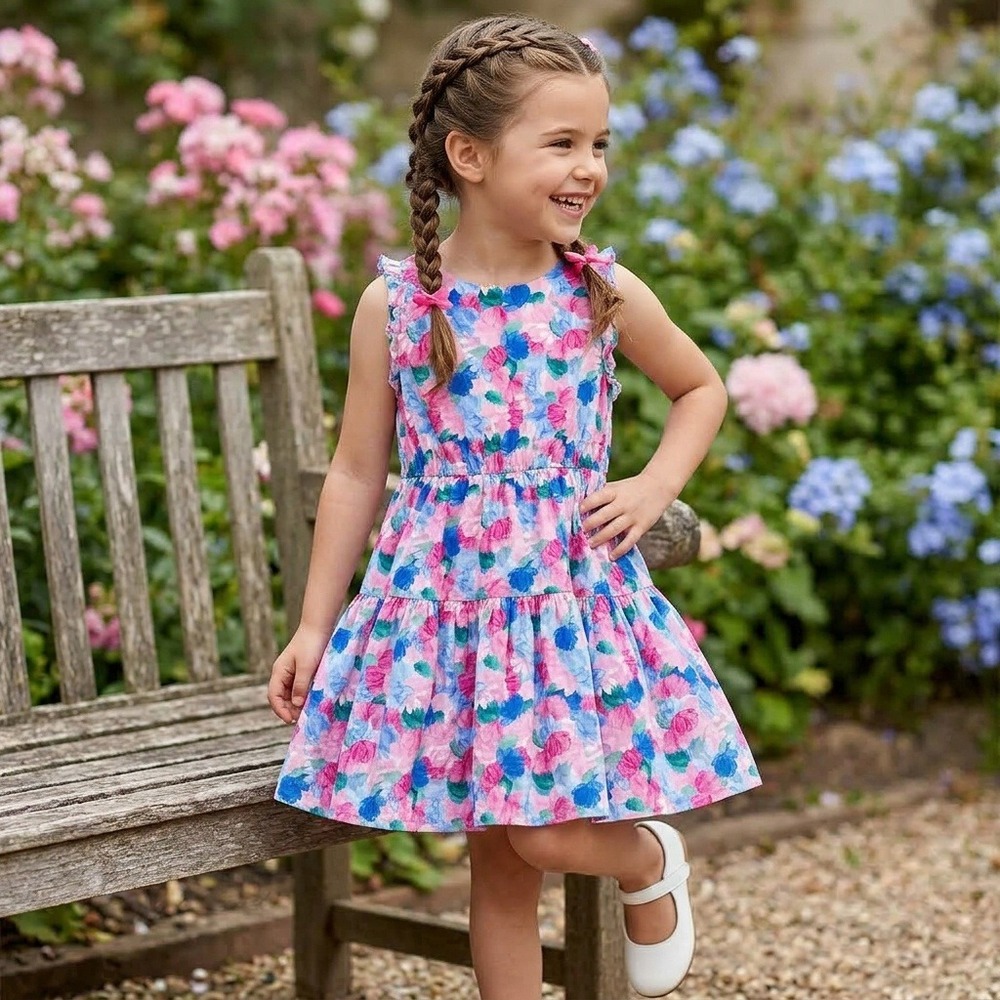 Mayoral Floral Ruffle Tiered Dress Kids Size 6 Pink Blue Excellent